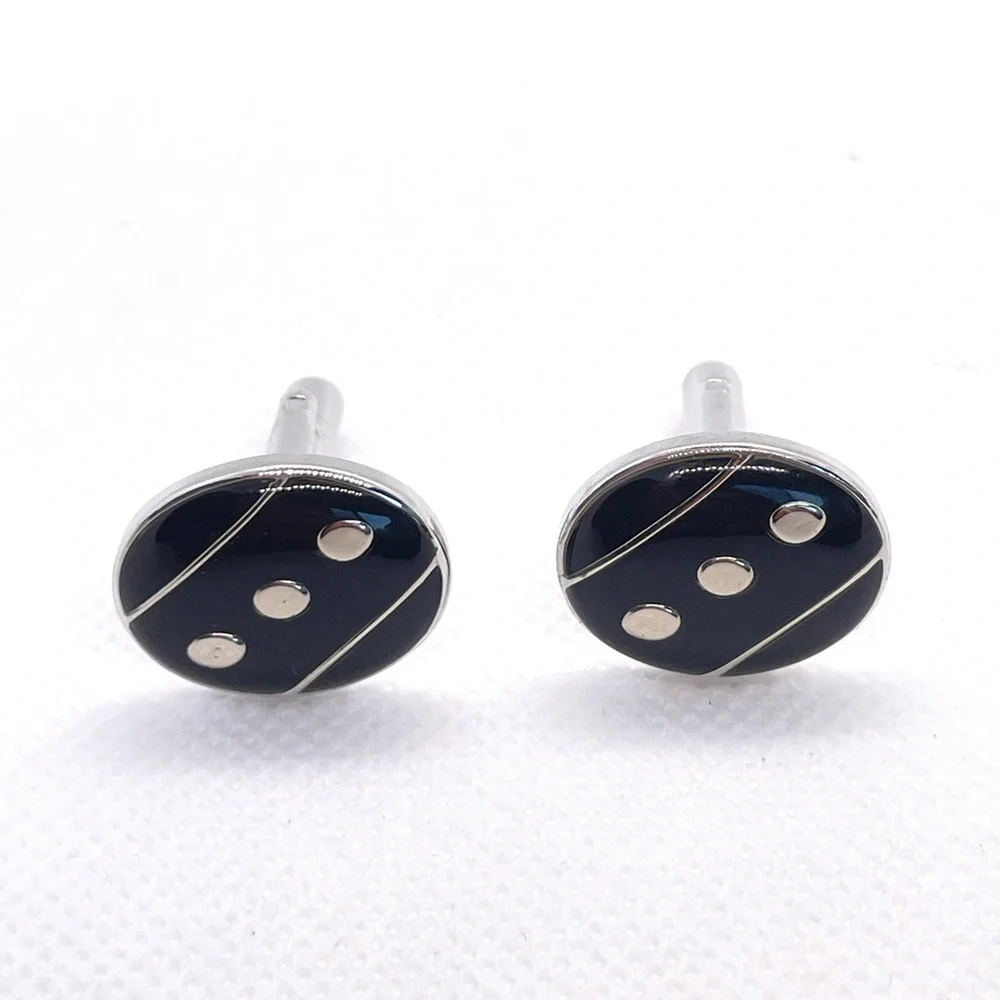 Black Oval Enamel Cufflinks w “Dot” Pattern Silver & Black! Stocking Stuffer!